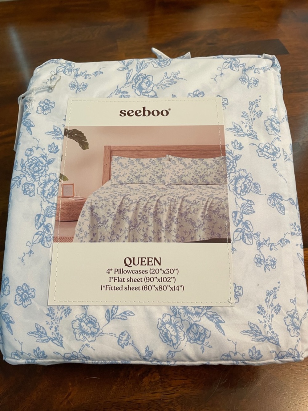 SEEBOO 6-piece Ultra Soft Sheet Set, Deep Pocket, Queen, Blue White